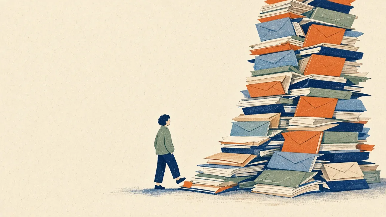 Illustration of a small person stepping toward a towering, leaning pile of papers and envelopes.