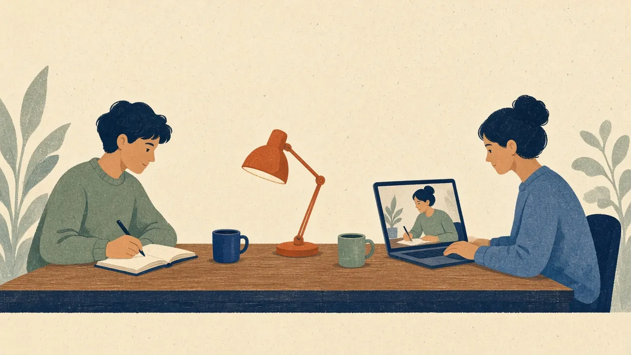 Illustration of two people working quietly at a shared table under a lamp, one writing and one on a laptop with a third person on a video call.