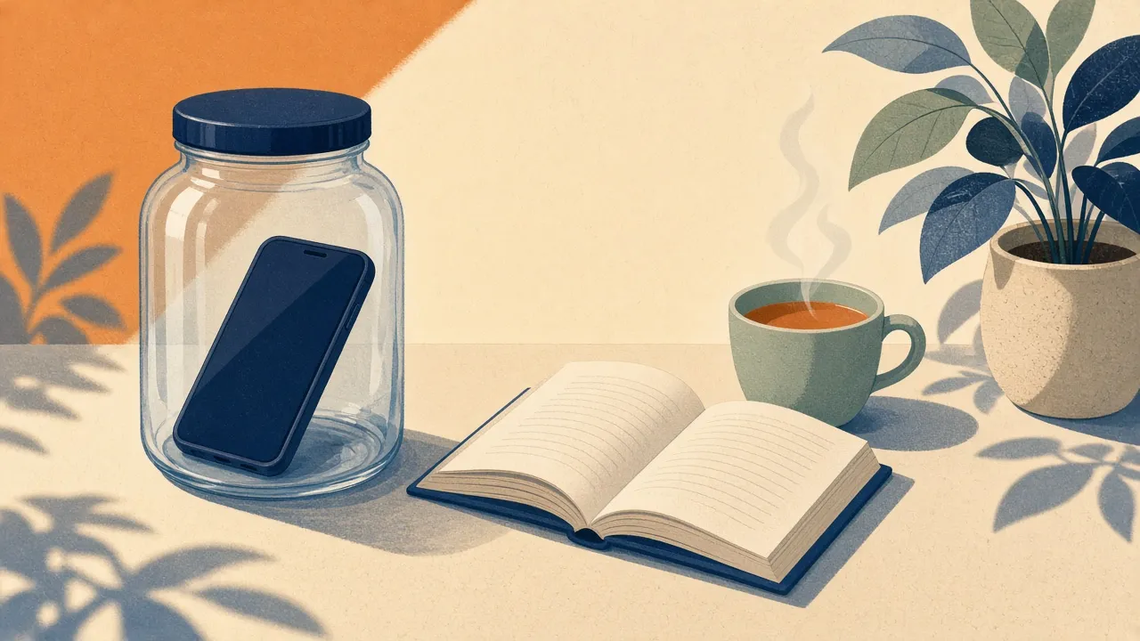 Illustration of a smartphone sealed in a glass jar on a sunny table beside an open book, a cup of tea and a plant.