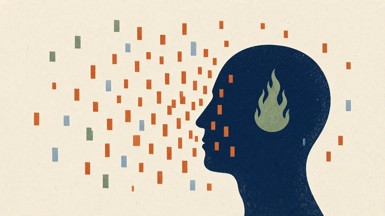 Illustration of a head in profile with dozens of small video-shaped rectangles fluttering around it and a small green flame inside.