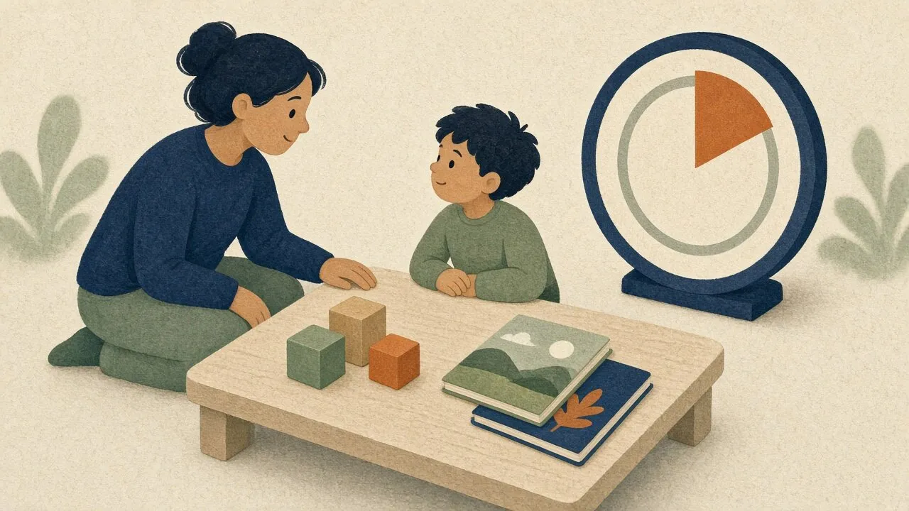 Illustration of a parent kneeling at a low table with a young child, both looking at a round visual timer with a shrinking orange wedge beside wooden blocks and picture books.